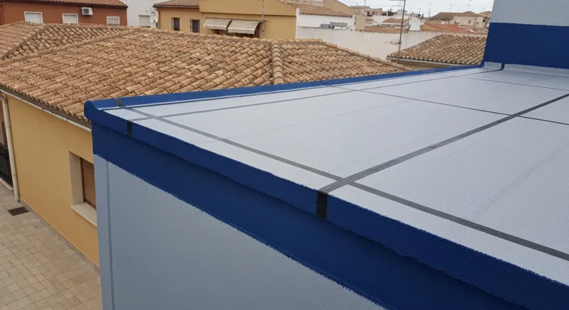 Cubierta plana con nueva membrana gris y peto encalado en Breda